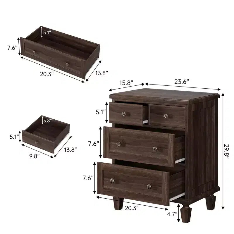 Commode vintage à 4 tiroirs avec pieds fuselés, pour chambre, salon ou entrée
