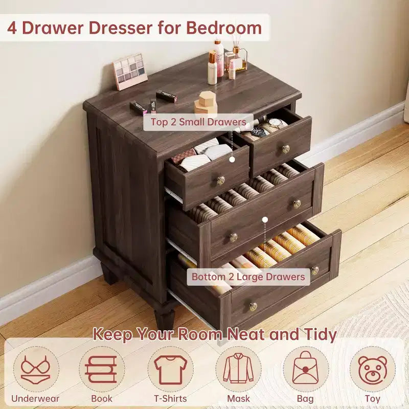 Commode vintage à 4 tiroirs avec pieds fuselés, pour chambre, salon ou entrée