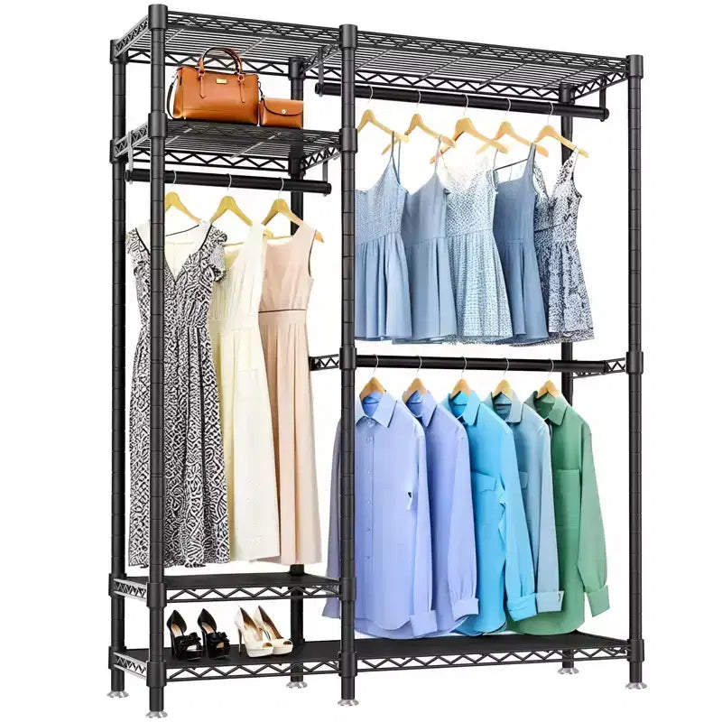 Heavy Duty Freestanding Clothes Rack - 6-Tier Adjustable Wire Shelves, 3 Hanging Rails, Portable Metal Closet Organizer (Black)