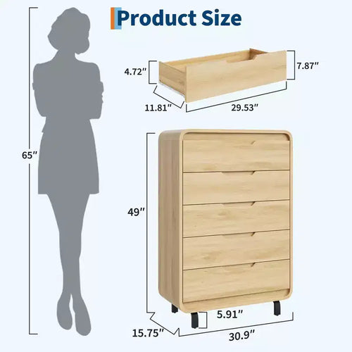 Commode de 5 tiroirs de 78,5 cm de large pour chambre à coucher, commode en bois moderne de 122 cm de haut avec grand rangement en bois, pour salon