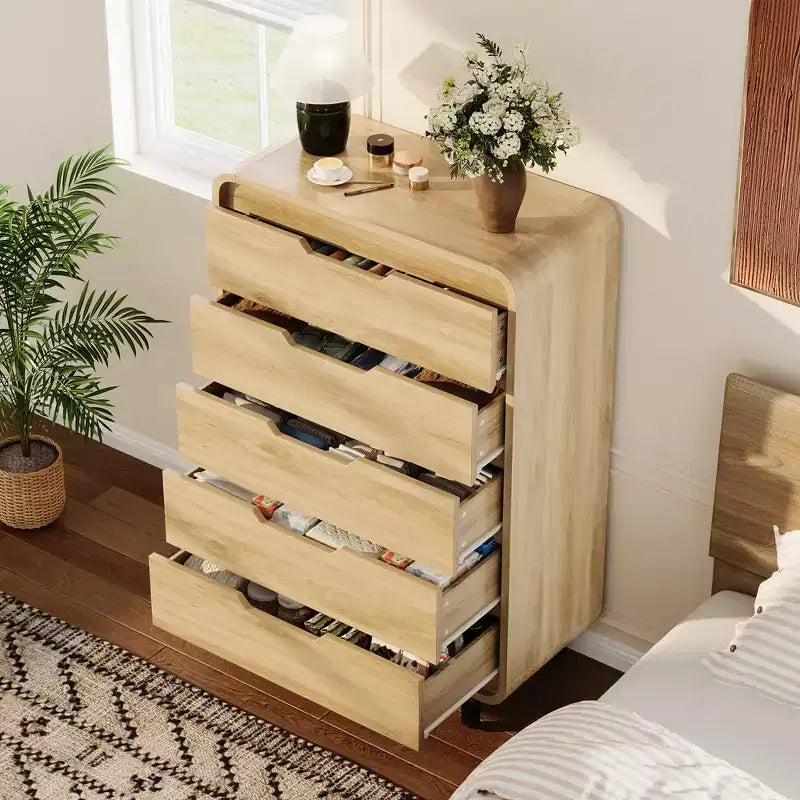 Commode de 5 tiroirs de 78,5 cm de large pour chambre à coucher, commode en bois moderne de 122 cm de haut avec grand rangement en bois, pour salon