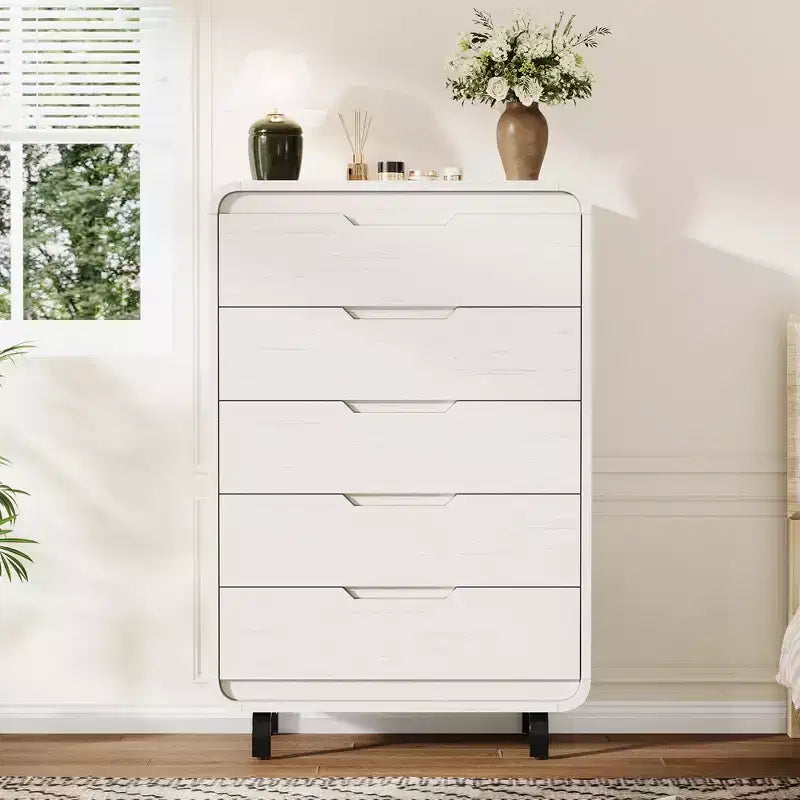 Commode de 5 tiroirs de 78,5 cm de large pour chambre à coucher, commode en bois moderne de 122 cm de haut avec grand rangement en bois, pour salon