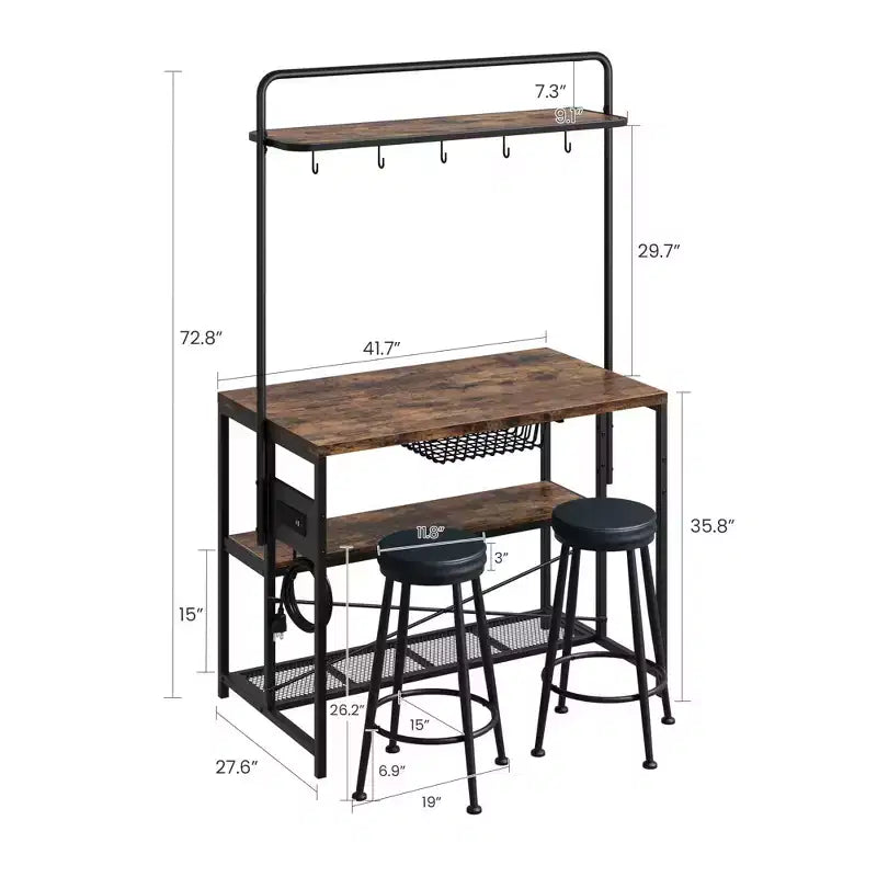 Îlot de cuisine avec prise de courant et 2 tabourets de bar, étagère de boulanger industrielle avec 3 niveaux et 5 crochets, meuble à micro-ondes pour bar à café pour salle à manger