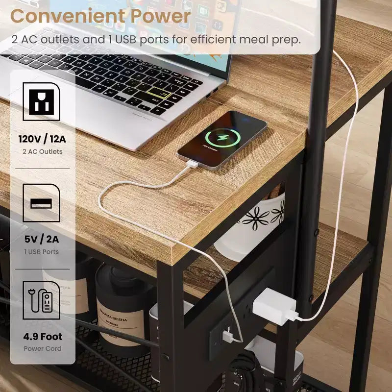Îlot de cuisine avec prise de courant et 2 tabourets de bar, étagère de boulanger industrielle avec 3 niveaux et 5 crochets, meuble à micro-ondes pour bar à café pour salle à manger