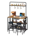 Îlot de cuisine avec prise de courant et 2 tabourets de bar, étagère de boulanger industrielle avec 3 niveaux et 5 crochets, meuble à micro-ondes pour bar à café pour salle à manger