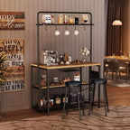 Kitchen Island with Power Outlet & 2 Bar Stools, Industrial Bakers Rack with 3-Tier Shelves &5 Hooks,Microwave Stand Coffee Bar Table for Dining Room