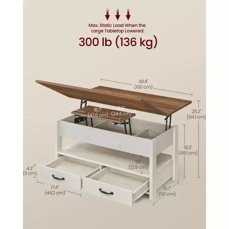 Table basse relevable, table basse avec rangement, vérin à gaz, 2 tiroirs et 3 compartiments cachés, étagère ouverte, bureau à domicile