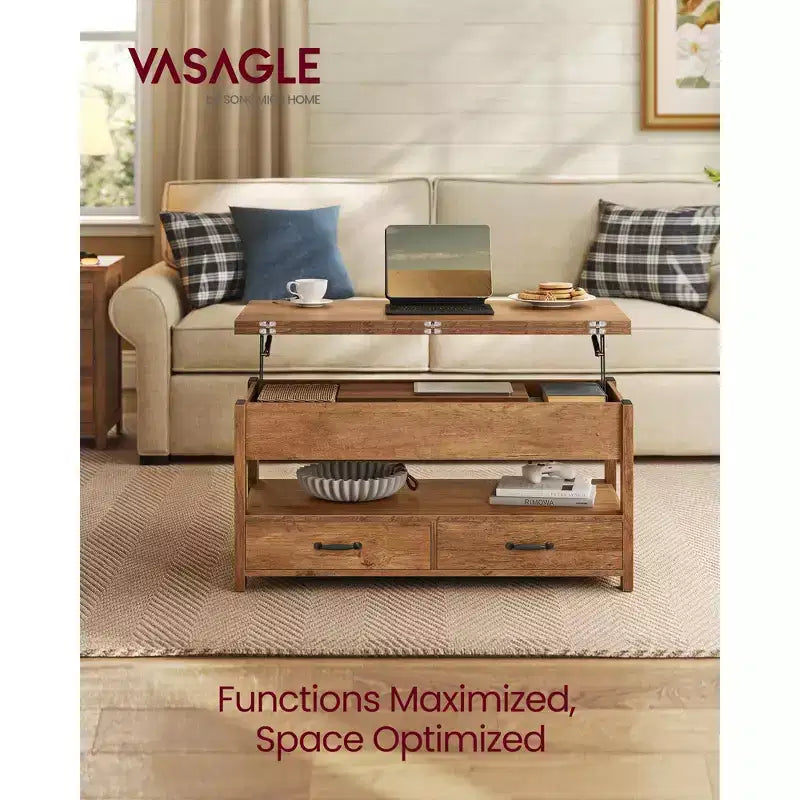 Table basse relevable, table basse avec rangement, vérin à gaz, 2 tiroirs et 3 compartiments cachés, étagère ouverte, bureau à domicile