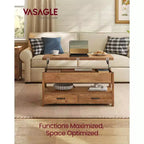 Table basse relevable, table basse avec rangement, vérin à gaz, 2 tiroirs et 3 compartiments cachés, étagère ouverte, bureau à domicile