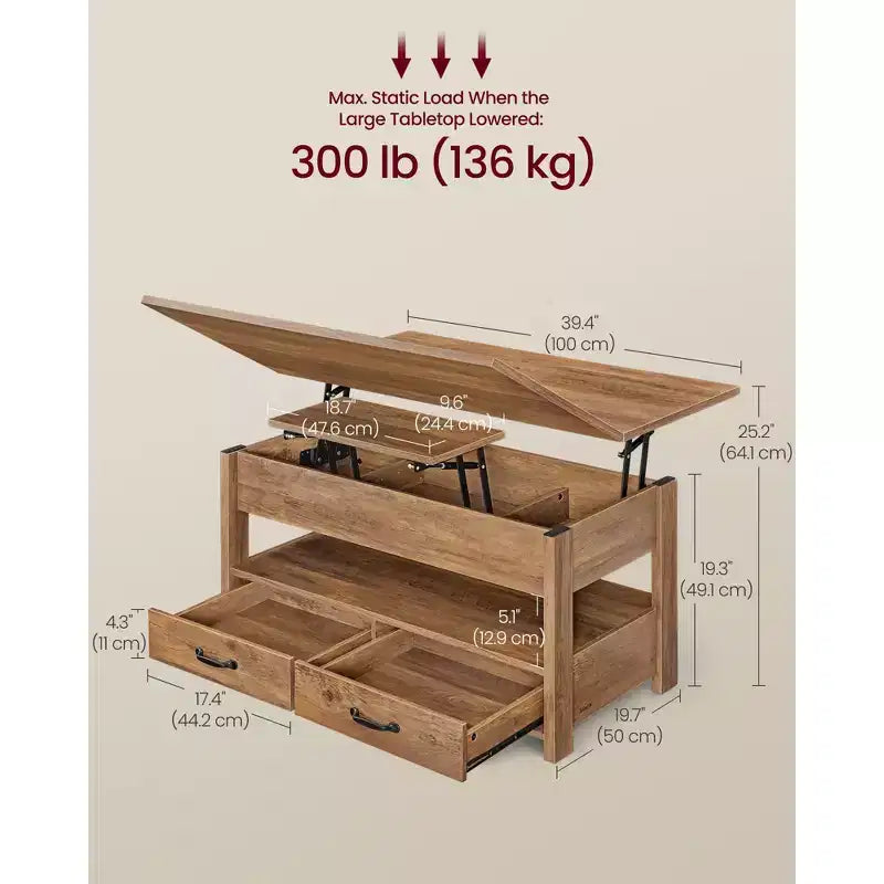 Table basse relevable, table basse avec rangement, vérin à gaz, 2 tiroirs et 3 compartiments cachés, étagère ouverte, bureau à domicile
