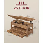 Table basse relevable, table basse avec rangement, vérin à gaz, 2 tiroirs et 3 compartiments cachés, étagère ouverte, bureau à domicile