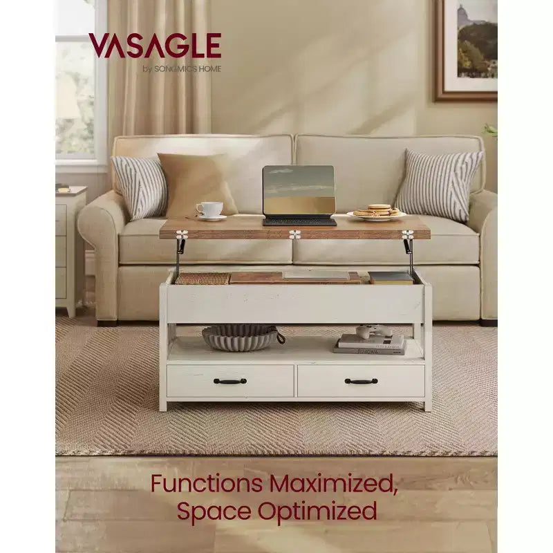 Table basse relevable, table basse avec rangement, vérin à gaz, 2 tiroirs et 3 compartiments cachés, étagère ouverte, bureau à domicile