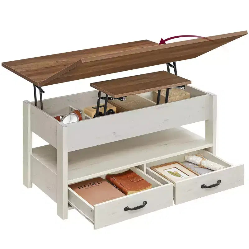 Table basse relevable, table basse avec rangement, vérin à gaz, 2 tiroirs et 3 compartiments cachés, étagère ouverte, bureau à domicile