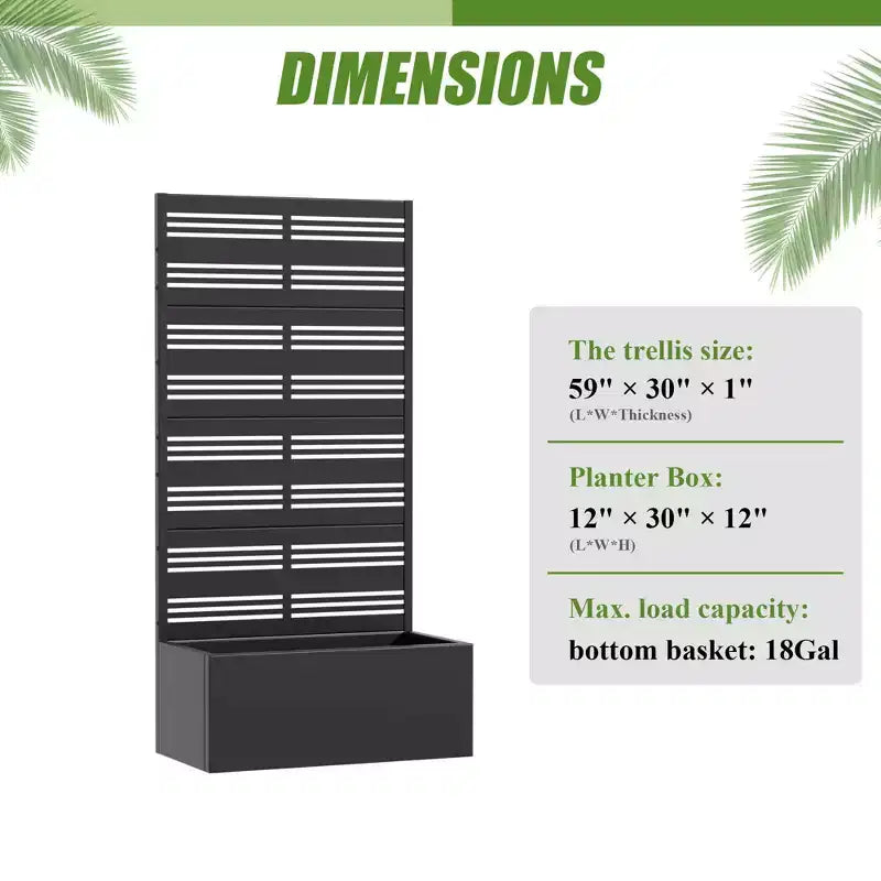 Jardinière en fer forgé noir avec treillis, 59x30x12, Décoration de jardin 4 pièces antirouille