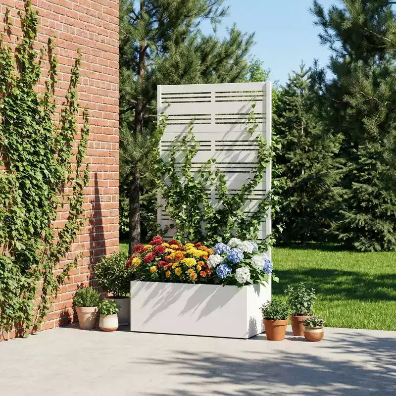 MAYEERTY White Wrought Iron Planter with Trellis (Harold B Louvered), 59x30x12, 4-Piece Indoor Outdoor Planter