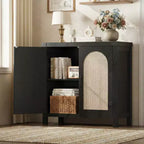 Bahut avec rangement, lot de 2 buffets noirs en rotin synthétique de 80 cm, meuble de bar de style rustique avec étagères réglables