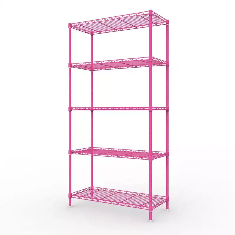 Étagères de rangement roses à 5 niveaux de 150 cm de hauteur avec hauteur des niveaux réglable