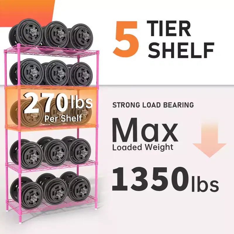 Étagères de rangement roses à 5 niveaux de 150 cm de hauteur avec hauteur des niveaux réglable