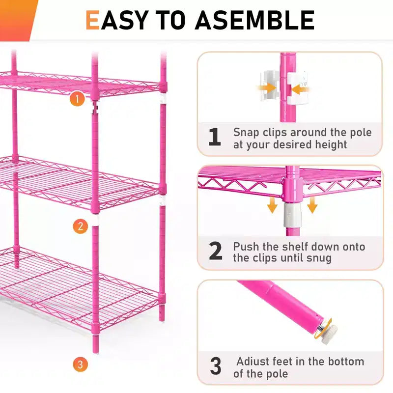 Étagères de rangement roses à 5 niveaux de 150 cm de hauteur avec hauteur des niveaux réglable