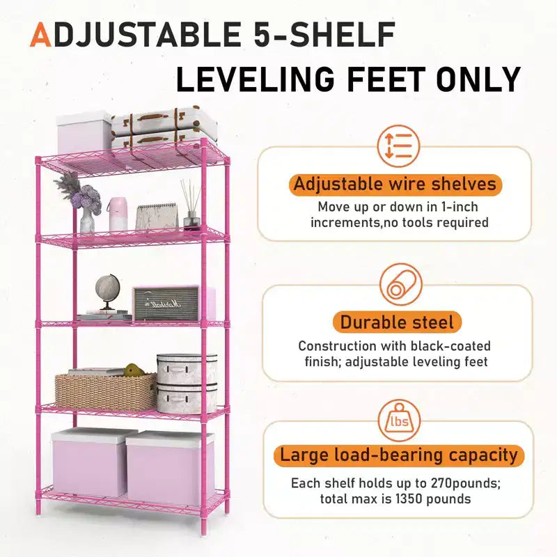 Étagères de rangement roses à 5 niveaux de 150 cm de hauteur avec hauteur des niveaux réglable