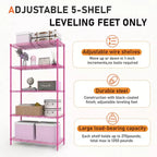 Étagères de rangement roses à 5 niveaux de 150 cm de hauteur avec hauteur des niveaux réglable