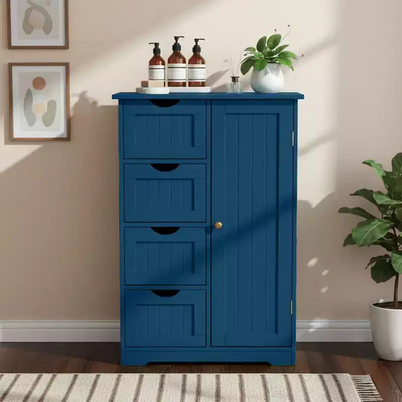 Blue Bathroom Storage Cabinet with 4 Drawers and 1 Door
