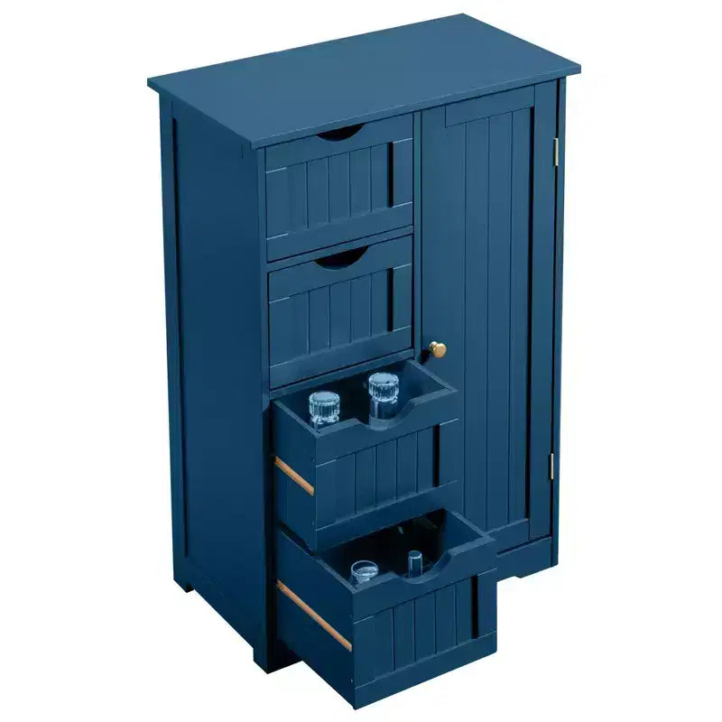 Meuble de rangement de salle de bain bleu avec 4 tiroirs et 1 porte