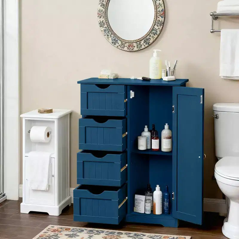 Meuble de rangement de salle de bain bleu avec 4 tiroirs et 1 porte