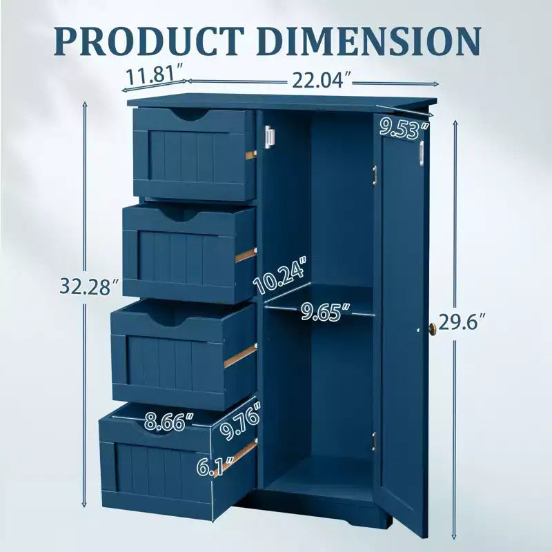 Meuble de rangement de salle de bain bleu avec 4 tiroirs et 1 porte
