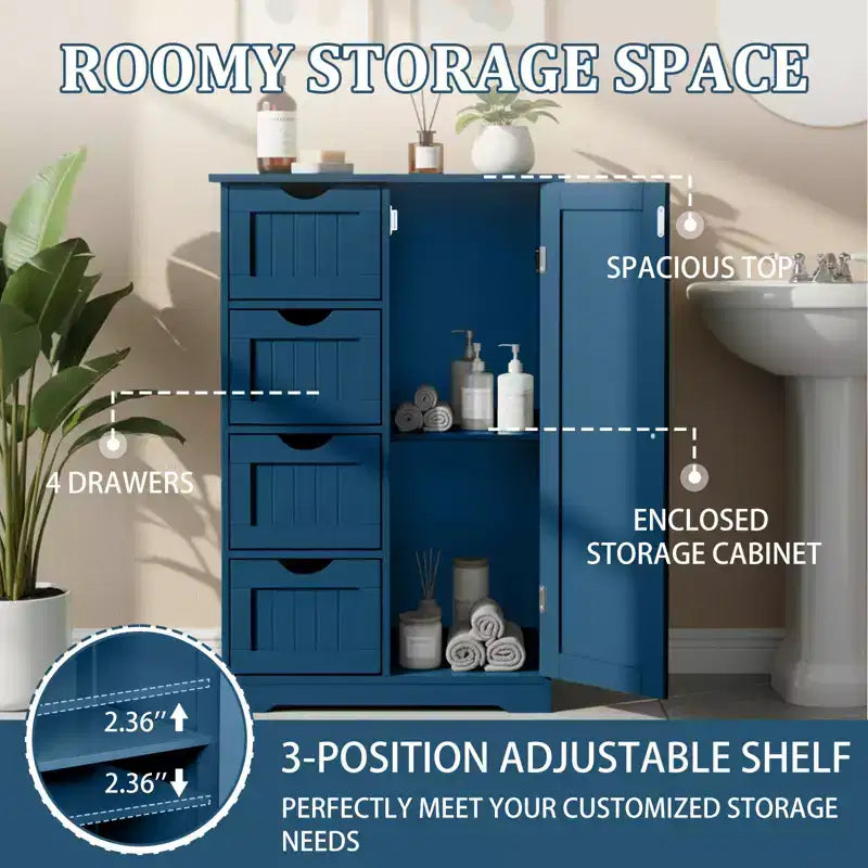Meuble de rangement de salle de bain bleu avec 4 tiroirs et 1 porte