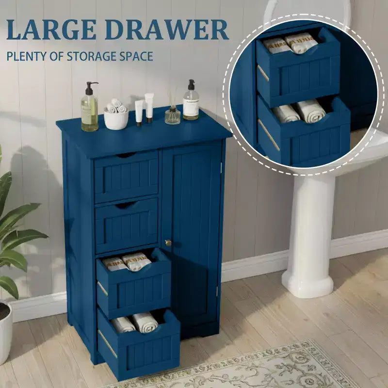 Meuble de rangement de salle de bain bleu avec 4 tiroirs et 1 porte