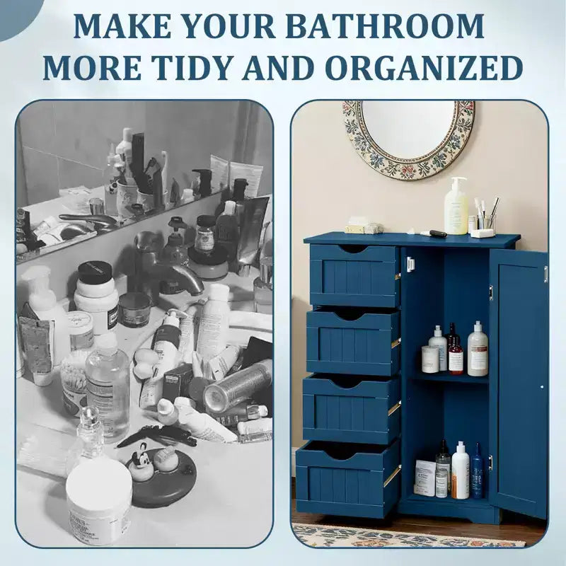 Meuble de rangement de salle de bain bleu avec 4 tiroirs et 1 porte