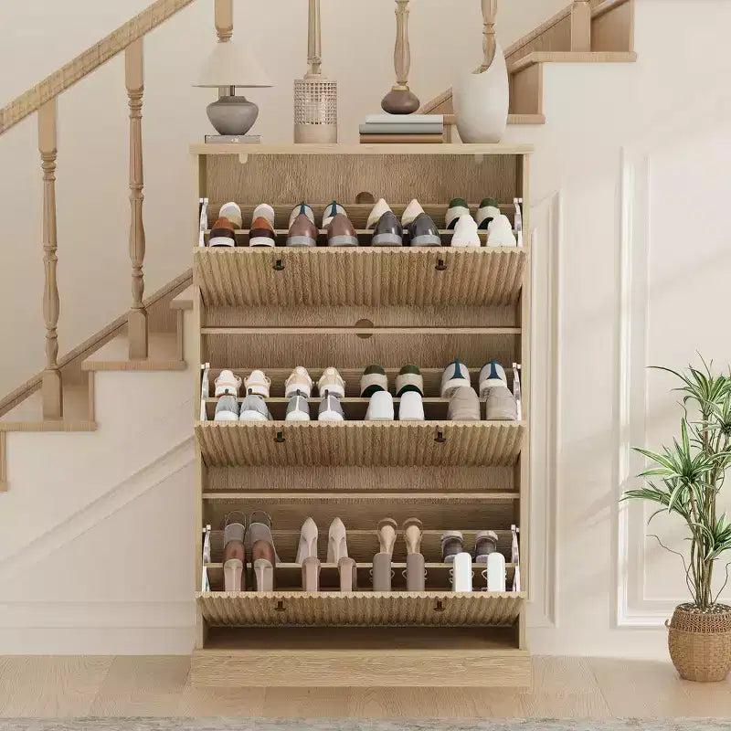 Shoe Cabinet with 3 Flip Drawers, Modern Fluted Cabinet with Adjustable Shelves, Freestanding Wooden Shoe Organizer