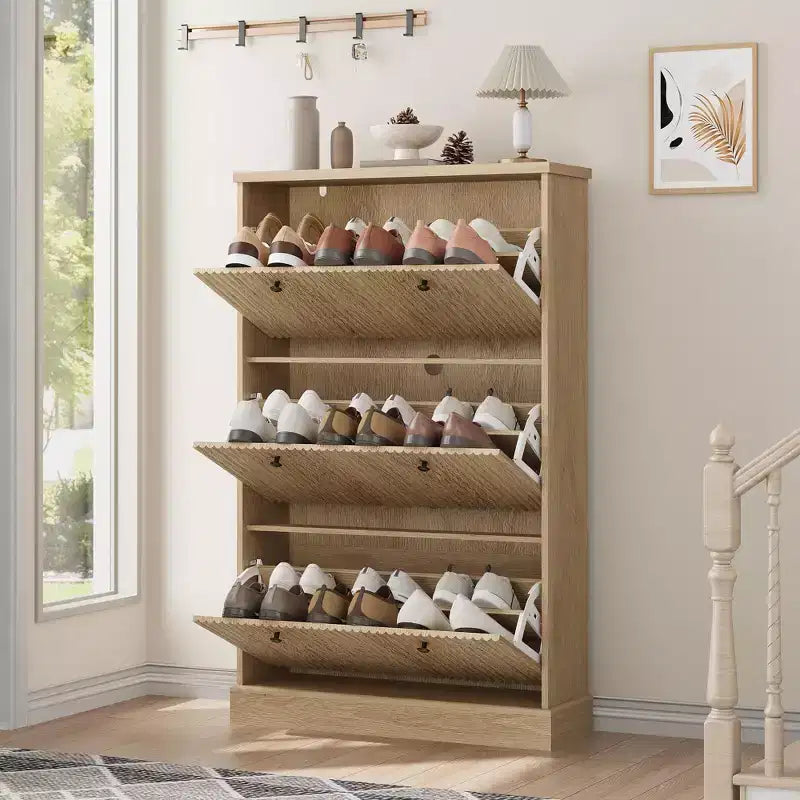 Meuble à chaussures avec 3 tiroirs basculants, meuble cannelé moderne avec étagères réglables, organisateur de chaussures autoportant en bois