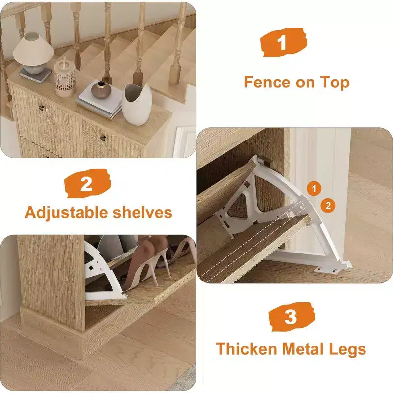 Meuble à chaussures avec 3 tiroirs basculants, meuble cannelé moderne avec étagères réglables, organisateur de chaussures autoportant en bois