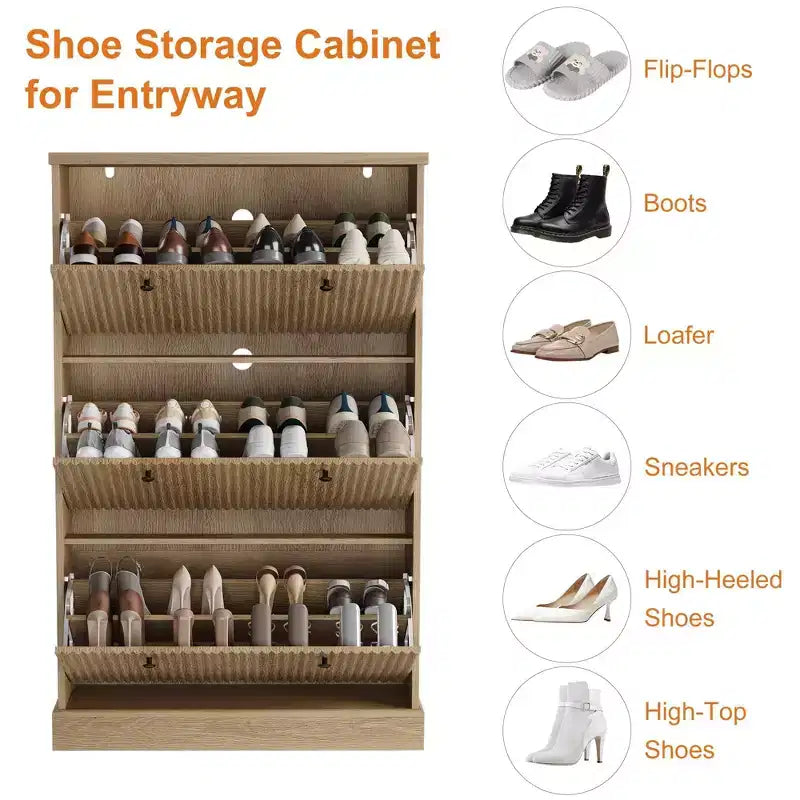 Meuble à chaussures avec 3 tiroirs basculants, meuble cannelé moderne avec étagères réglables, organisateur de chaussures autoportant en bois