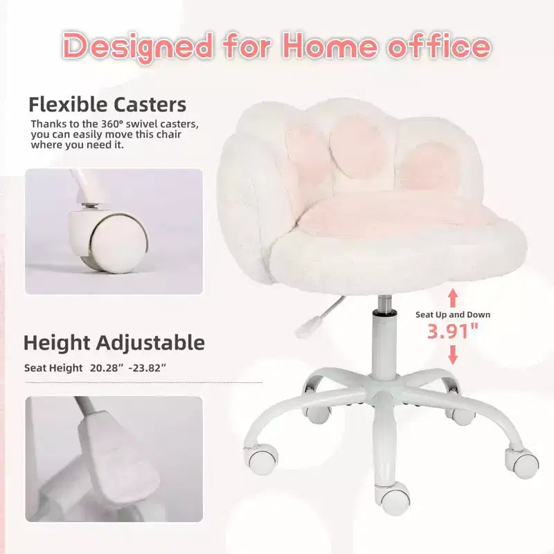 Chaise de vanité à roulettes, Chaise de bureau sans accoudoirs, Chaise sans accoudoirs réglable en hauteur et rotative à 360°, Petite chaise de bureau, Coussin moelleux, pour Chambre