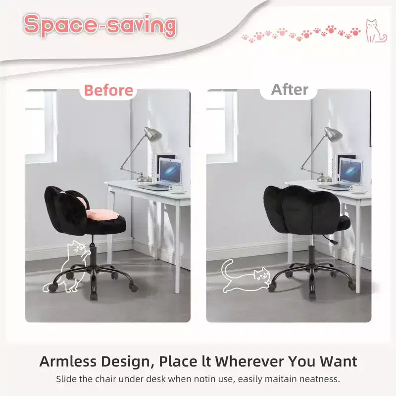 Chaise de vanité à roulettes, Chaise de bureau sans accoudoirs, Chaise sans accoudoirs réglable en hauteur et rotative à 360°, Petite chaise de bureau, Coussin moelleux, pour Chambre