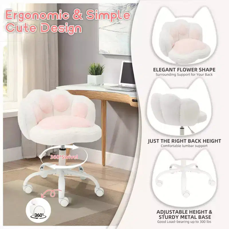 Chaise de vanité à roulettes, Chaise de bureau sans accoudoirs, Chaise sans accoudoirs réglable en hauteur et rotative à 360°, Petite chaise de bureau, Coussin moelleux, pour Chambre