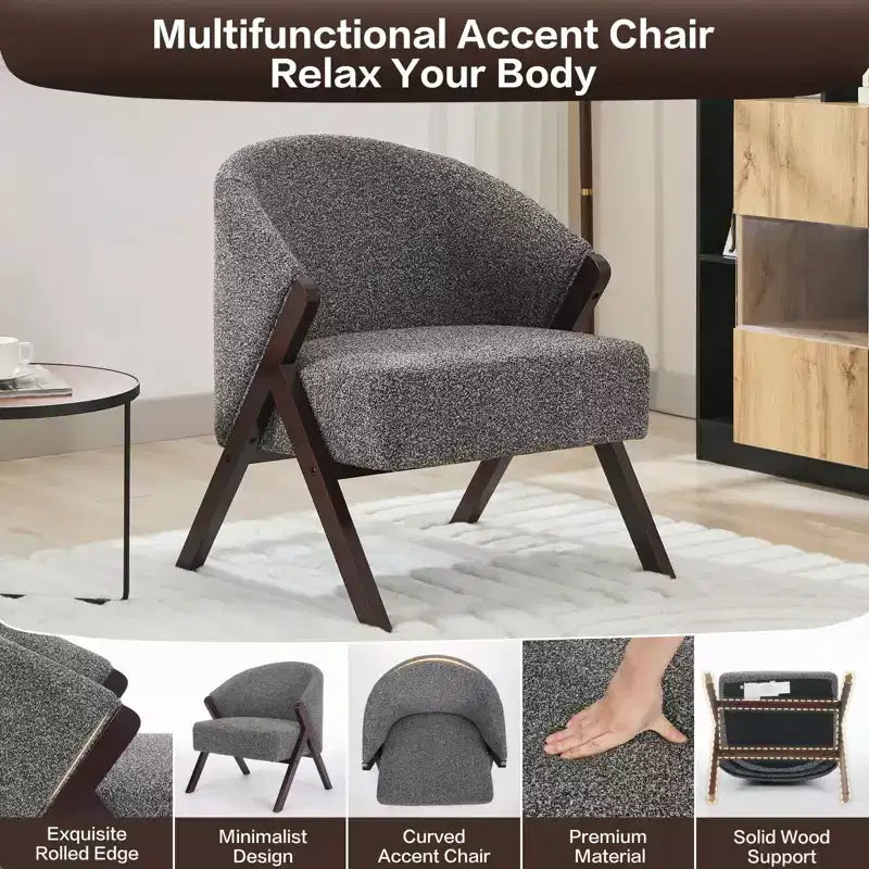 Fauteuil d'appoint en lin de style moderne du milieu du siècle, fauteuil de lecture rembourré confortable avec cadre en bois, montage facile pour le salon et la chambre à coucher