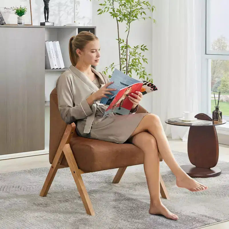 Fauteuil d'appoint en lin de style moderne du milieu du siècle, fauteuil de lecture rembourré confortable avec cadre en bois, montage facile pour le salon et la chambre à coucher