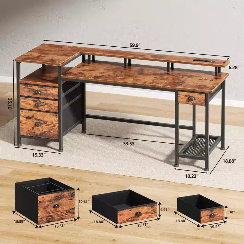 Bureau d'ordinateur de 60 pouces avec station de charge, bureau de jeu réversible, lumières LED, meuble de classement, support d'écran, bureau à domicile marron rustique, 4 tiroirs, étagère