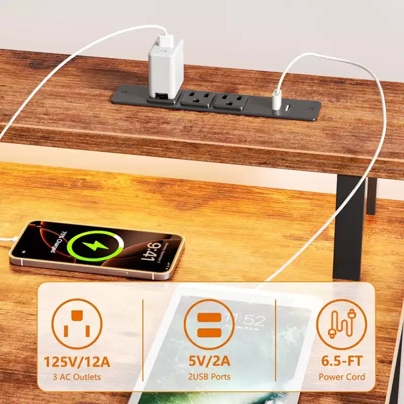 Bureau d'ordinateur de 60 pouces avec station de charge, bureau de jeu réversible, lumières LED, meuble de classement, support d'écran, bureau à domicile marron rustique, 4 tiroirs, étagère