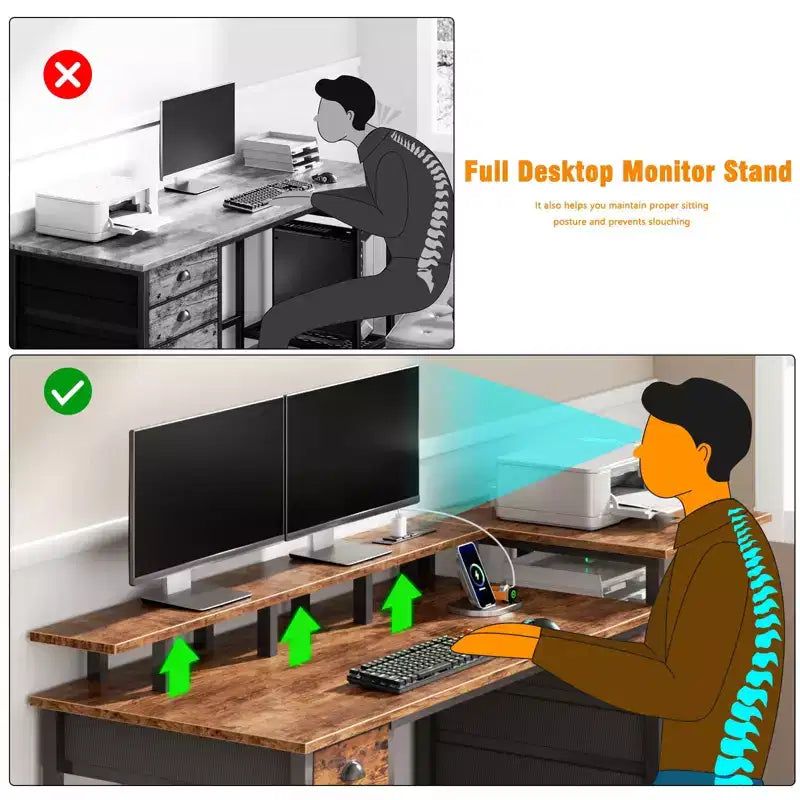 Bureau d'ordinateur de 60 pouces avec station de charge, bureau de jeu réversible, lumières LED, meuble de classement, support d'écran, bureau à domicile marron rustique, 4 tiroirs, étagère