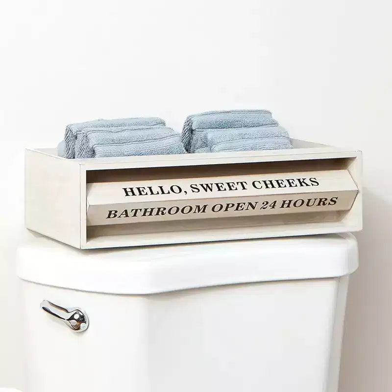 Plateau de rangement de luxe pour toilettes en bois avec phrases rotatives amusantes