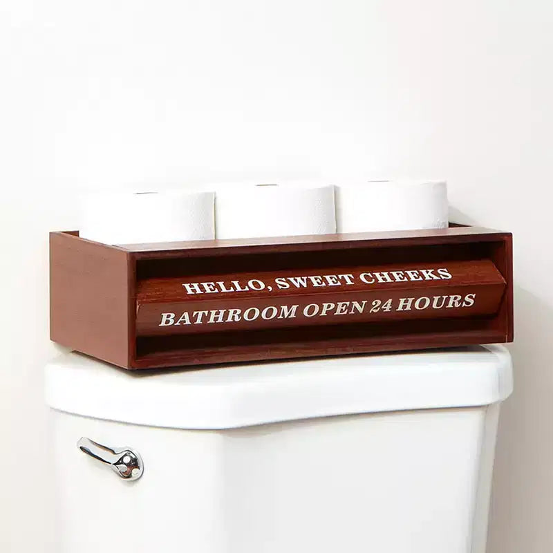 Plateau de rangement de luxe pour toilettes en bois avec phrases rotatives amusantes