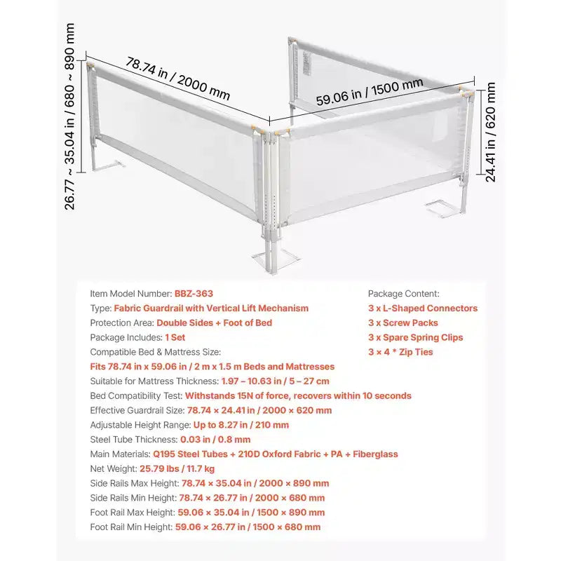 Barrière de lit pour tout-petits 3 pièces, barrière de sécurité pour lits d'enfants avec tuyau en fer renforcé et tissu Oxford, barrière de lit latérale réglable en hauteur, 3 côtés, gris