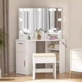 Corner Dressing Table Set, Small Vanity Table with Cushioned Stool, Adjustable Lighting, Modern Wooden Dressing Table Set, Suitable for Bedroom