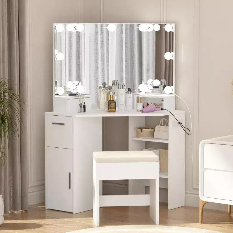 Corner Dressing Table Set, Small Vanity Table with Cushioned Stool, Adjustable Lighting, Modern Wooden Dressing Table Set, Suitable for Bedroom