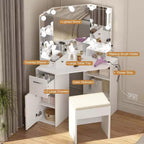Coiffeuse d'angle, Petite coiffeuse avec tabouret rembourré, Éclairage réglable, Coiffeuse moderne en bois, Convient pour la chambre